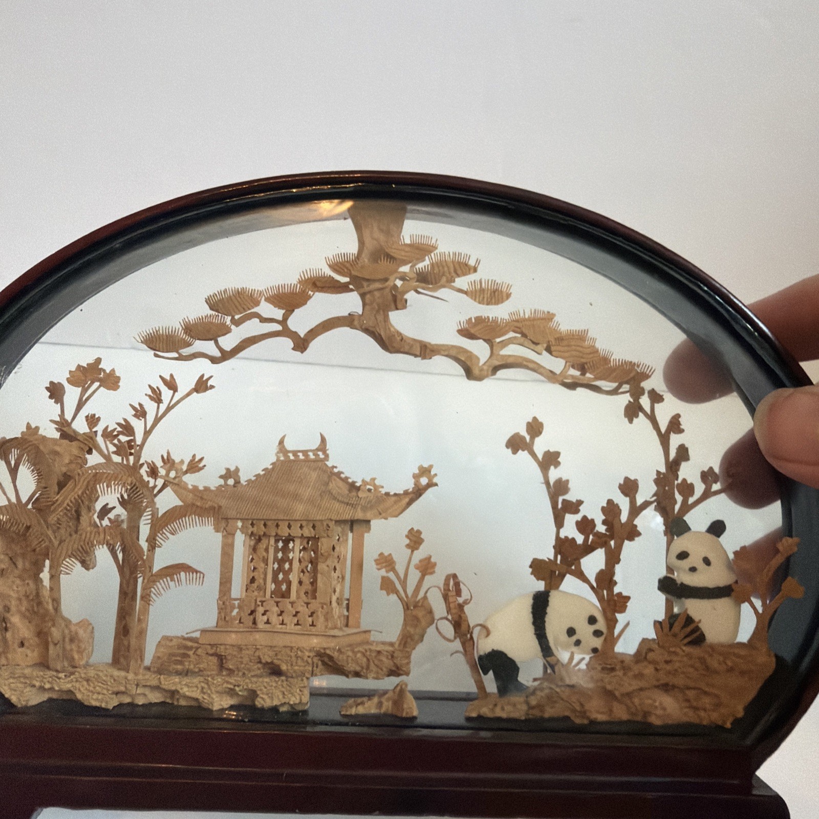Vintage Chinese Cork Art Panda Diorama Glass Shadow Box Hand Carved Landscape