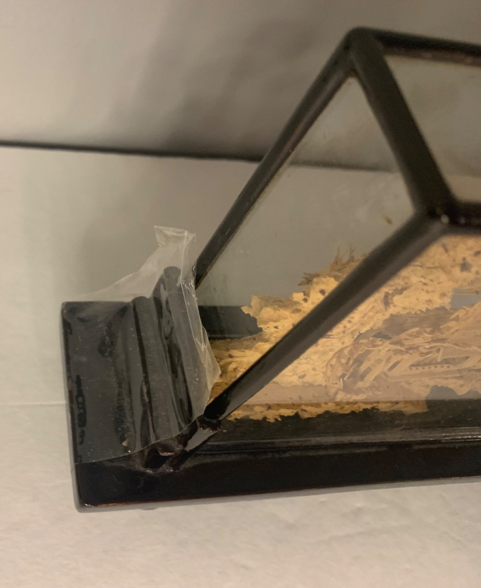 Vintage Asian Cork Diorama Art Pagoda Trees Hand Carved Glass Frame- See Details