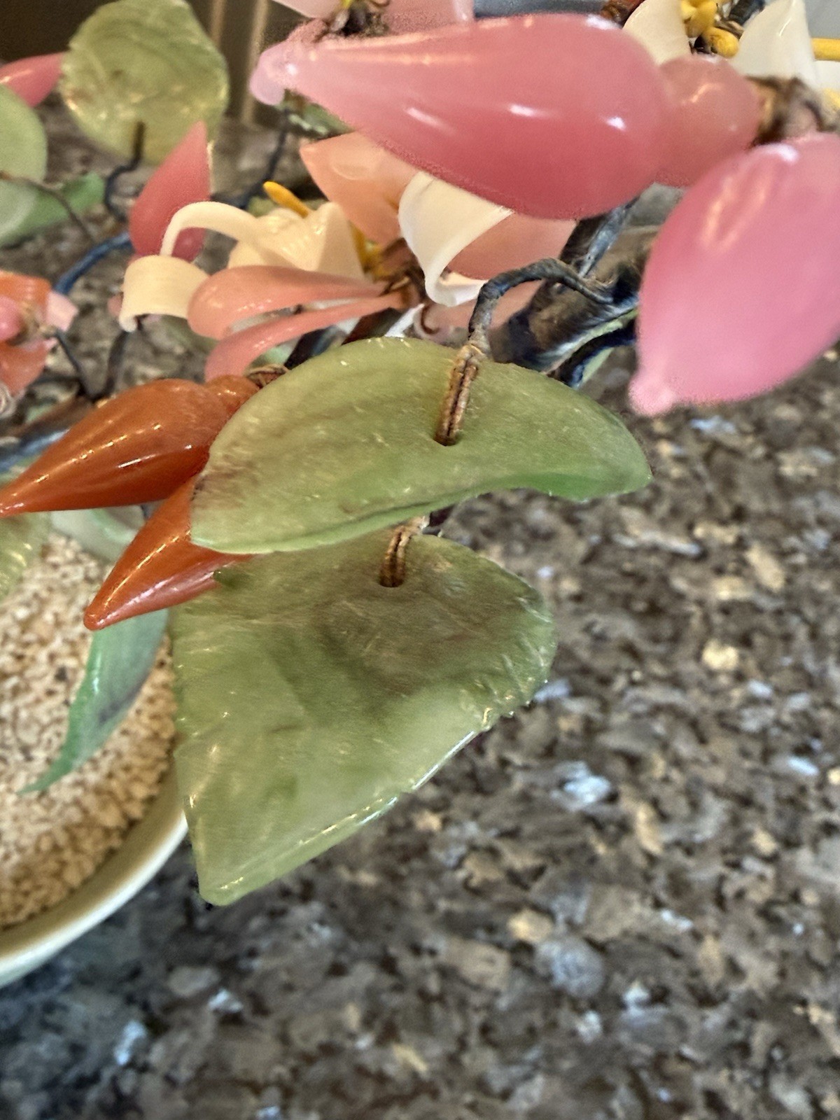 Vintage Bonsai Tree Jade Carnelian Stone Glass Asian Flowers Celadon Pot