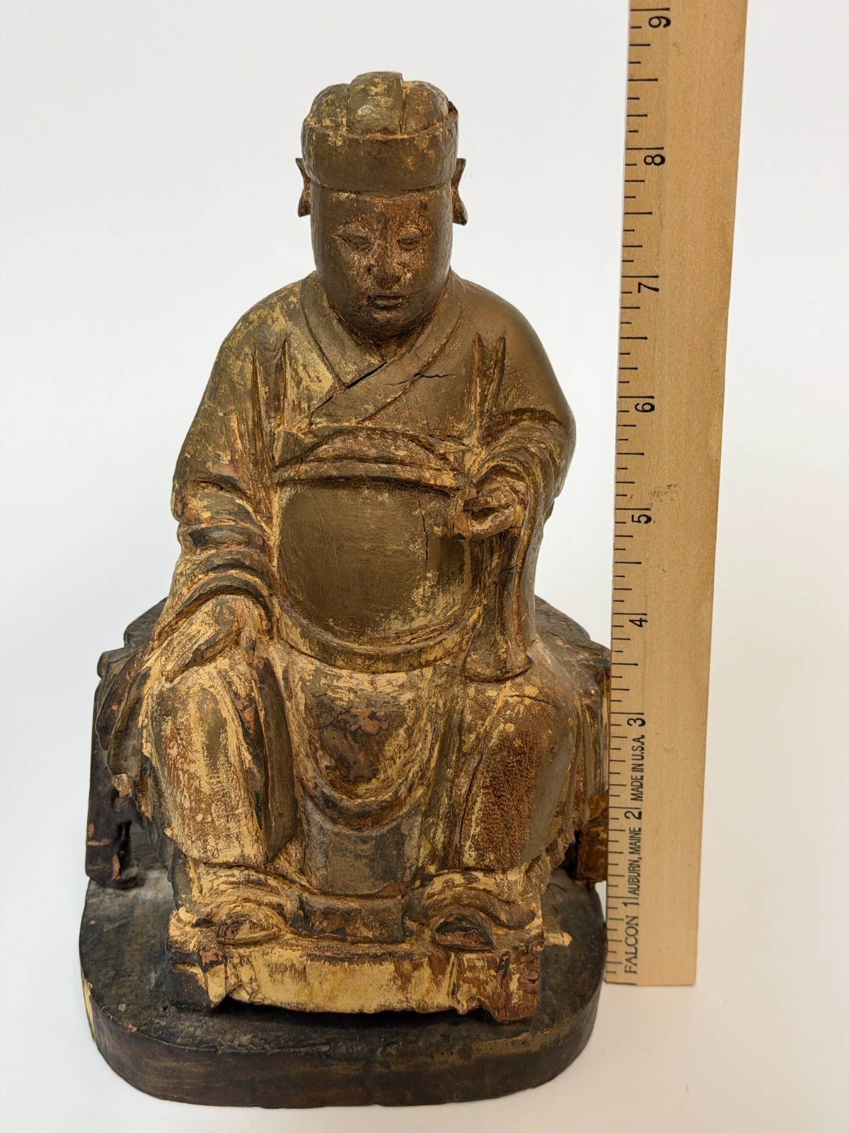 17/18C Chinese Gilt Wooden Folk Carving Seated Deity 8.5″ tall