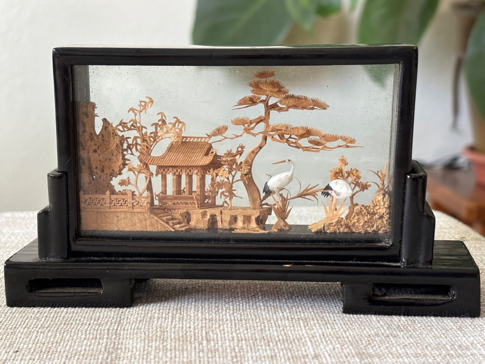 Vintage Chinese Carved Cork Diorama in Glass Cranes Trees Pagoda