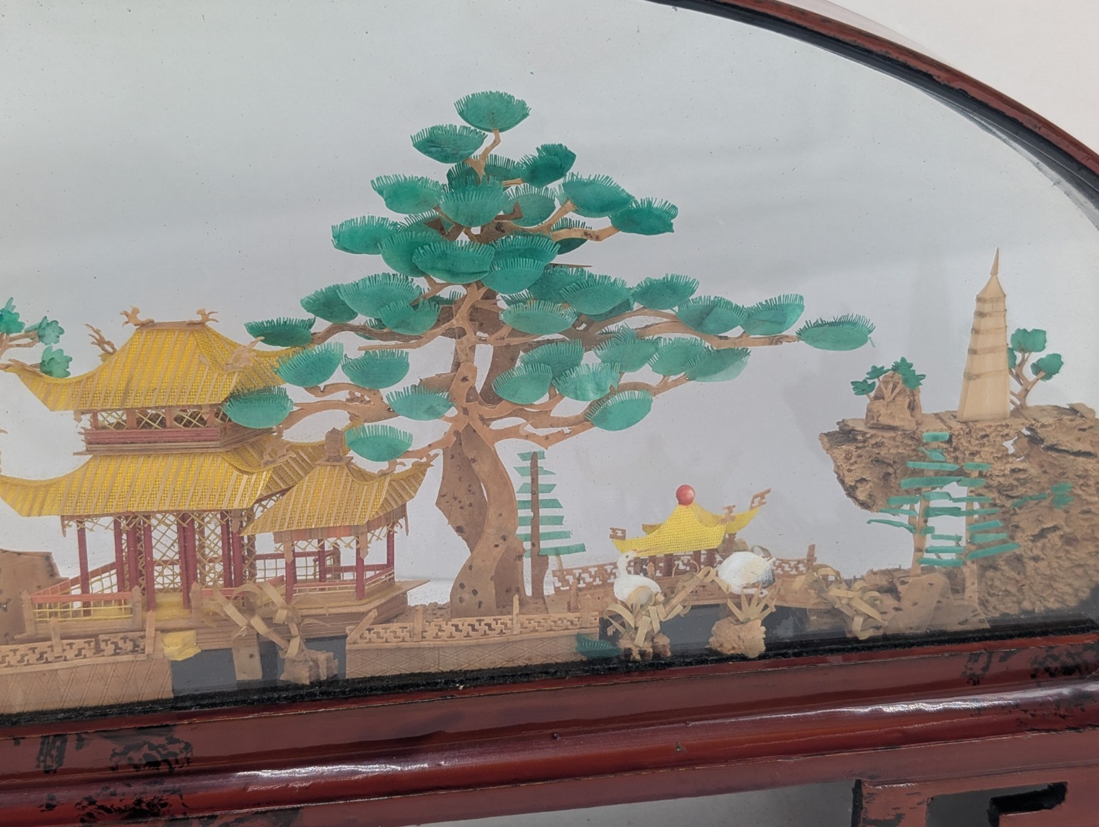 Vintage Oval Chinese/Asian Cork Art Hand Made Lacquered Wood With Glass 14x7x2