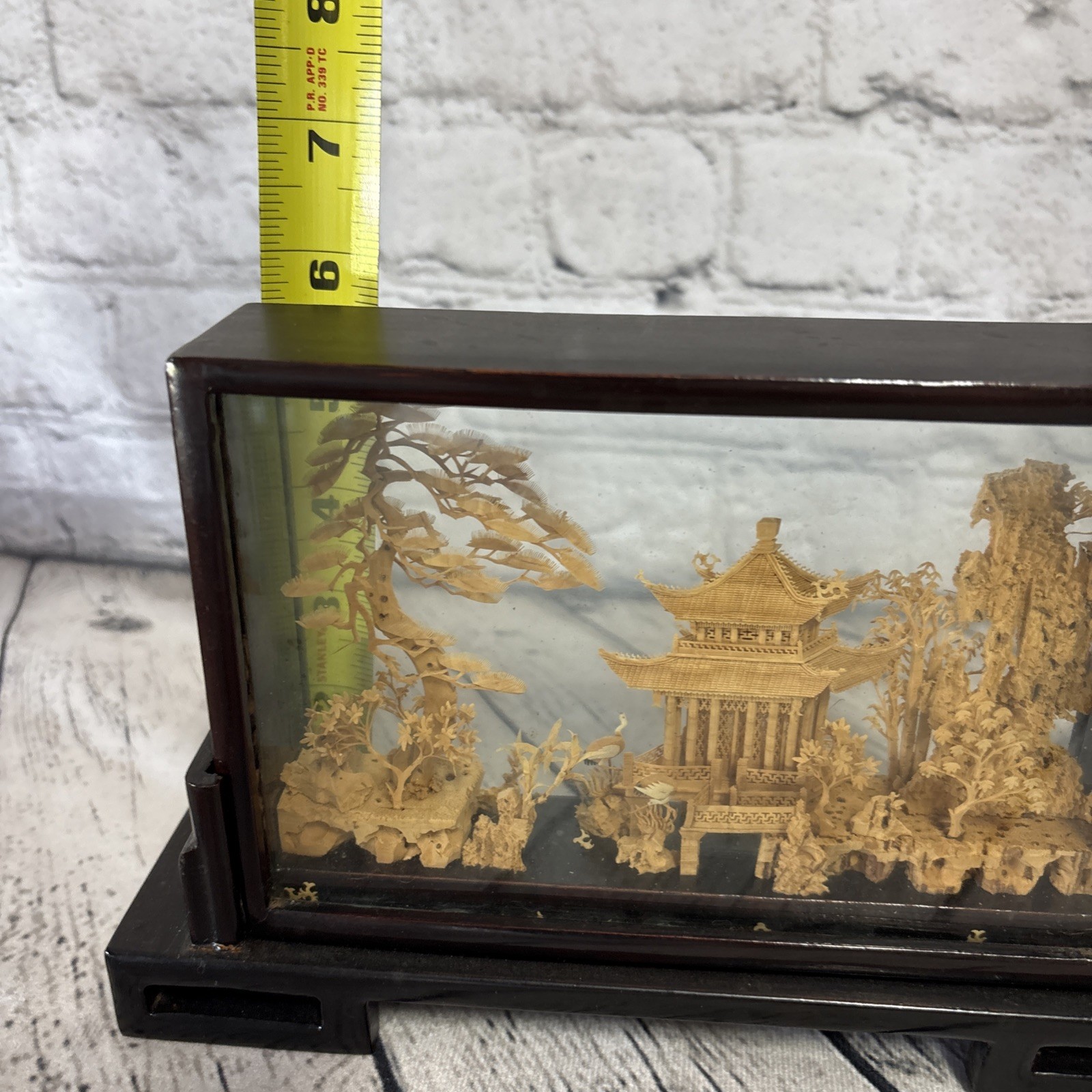 Vintage Hand-Carved Chinese Cork & Wood Sculpture Encased In Shadow Box W/Stand