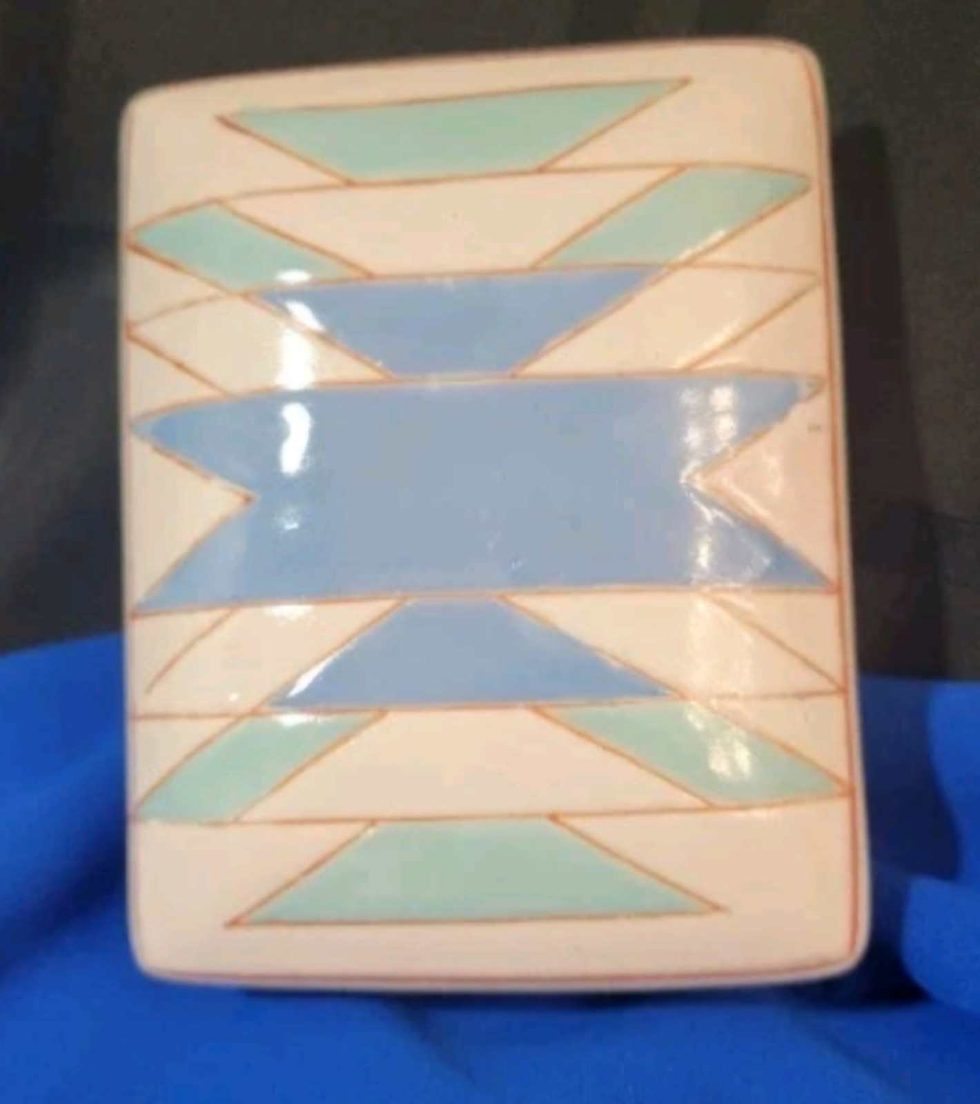 Aztec Trinket Box Jewelry Porcelain Macau Painted Design Blues 3.5×4.5x 1 3/4