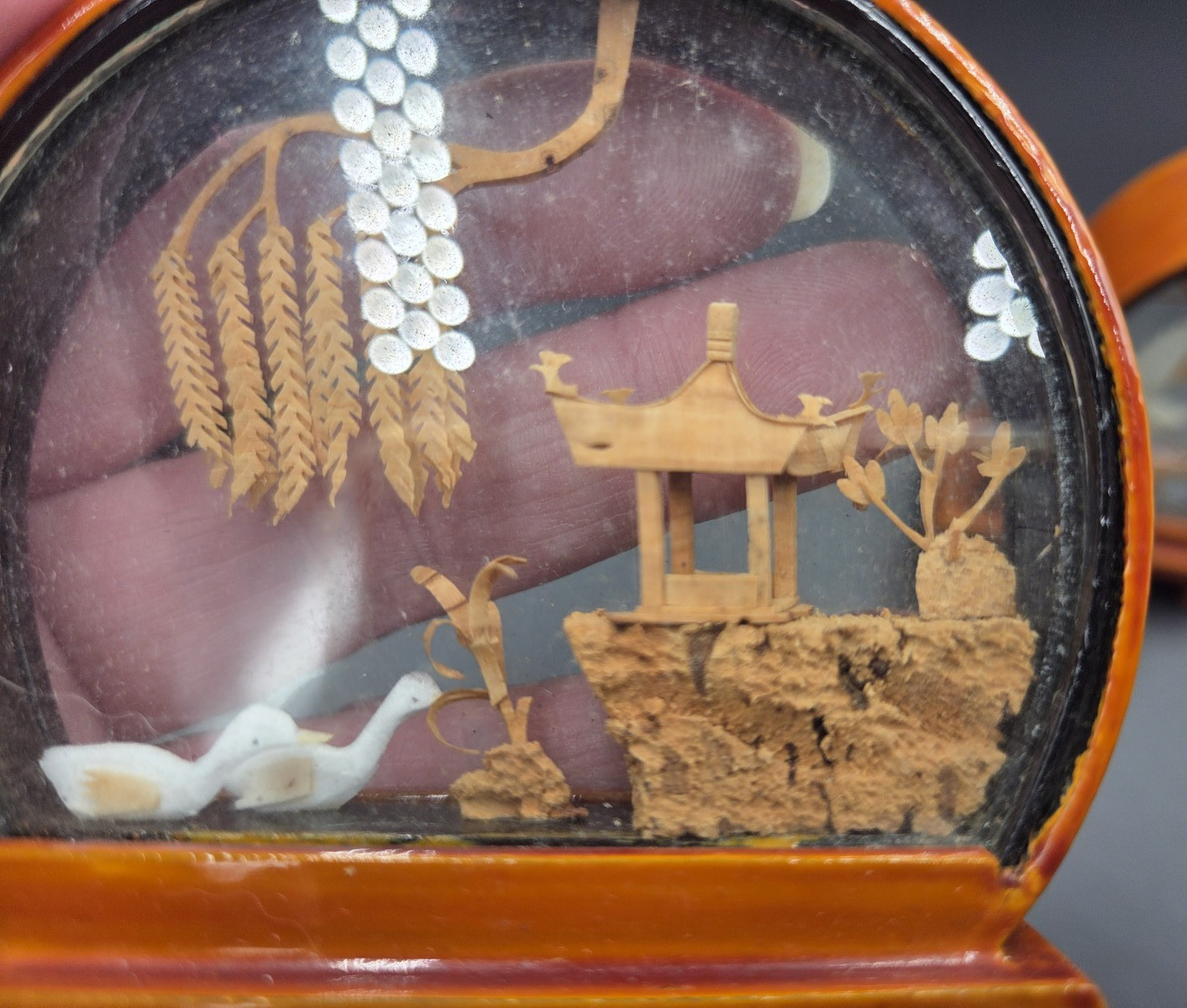 Vintage Asian Carved Cork Diorama Art In Wood/Glass Shadow Boxes 5 pieces
