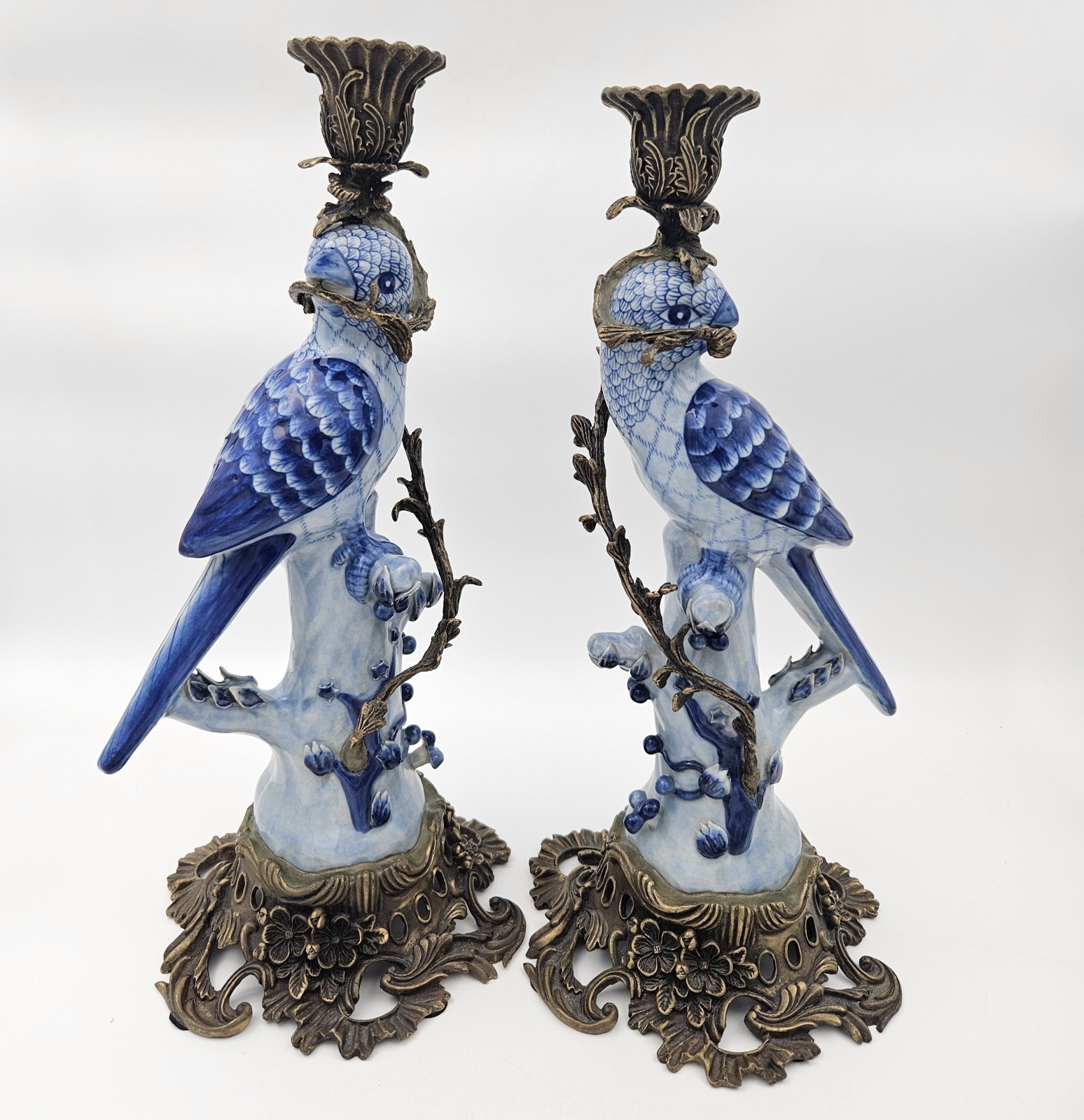 Antique Chinese Bird HOLLYWOOD REGENCY Blue Birds Brass Candle Holders 14″