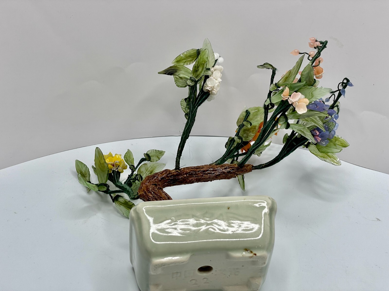 1960’s Hand Carved Chinese Jade Agate Stone Glass Bonsai Multicolor Mineral Tree