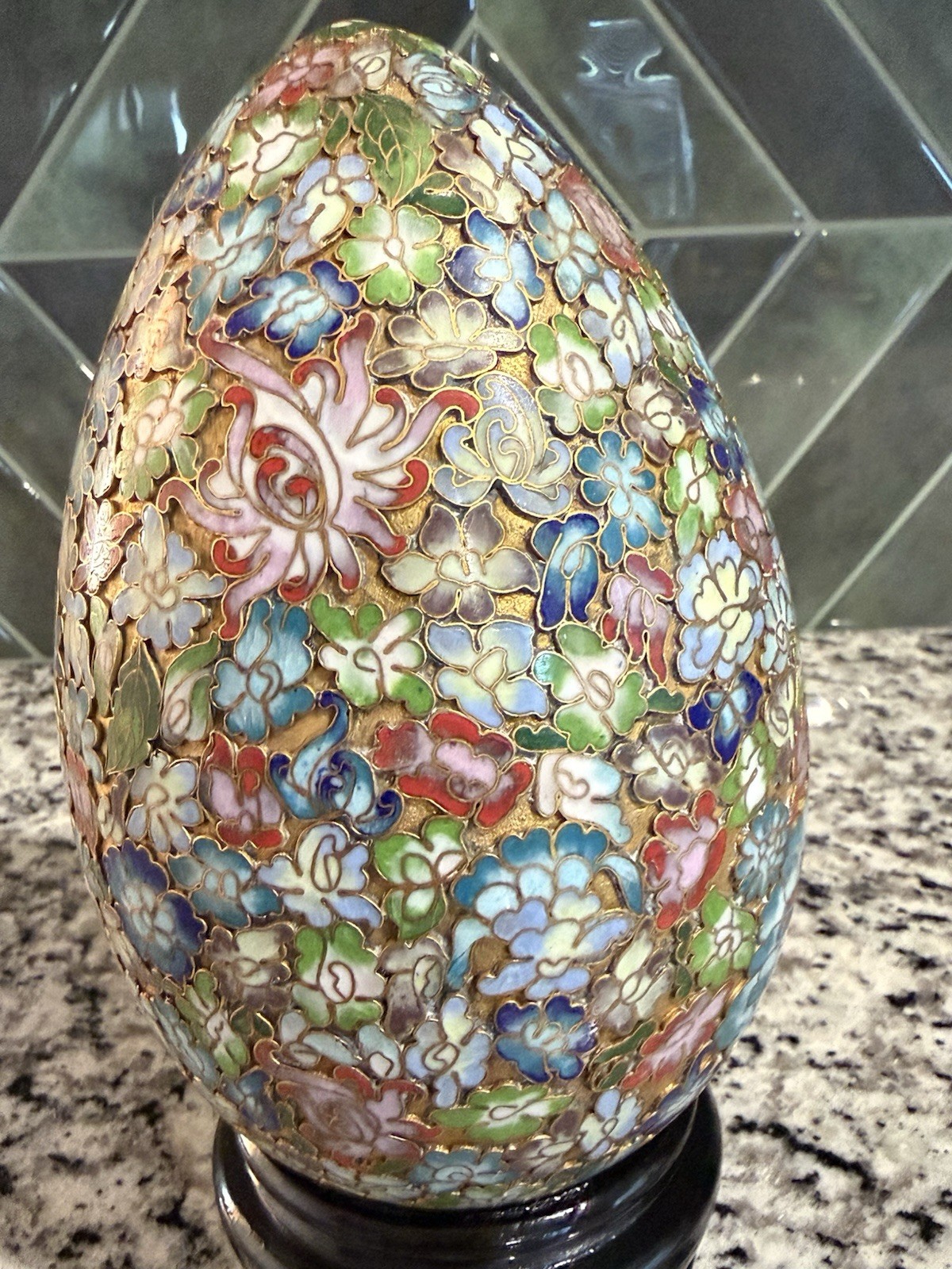 Vintage Chinese Cloisonné Large Gilded Egg w/ Wood Stand Floral, Millefleurs