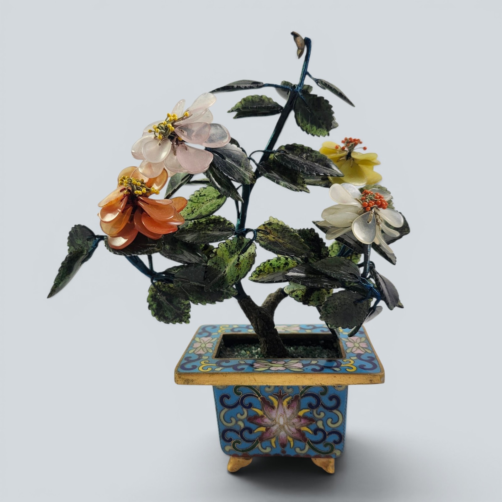 Vintage Small Chinese Carved Stone Leaves Flowers Jade Bonsai Tree Cloisonné Pot