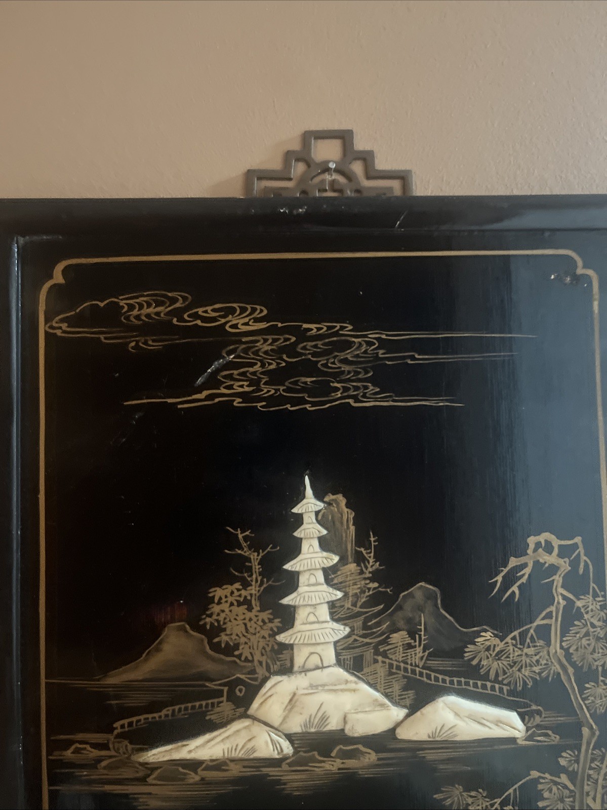 VTG 2 Asian Oriental BLACK Lacquer “Mother of Pearl Ivory Tone”Panels FREE SHIP