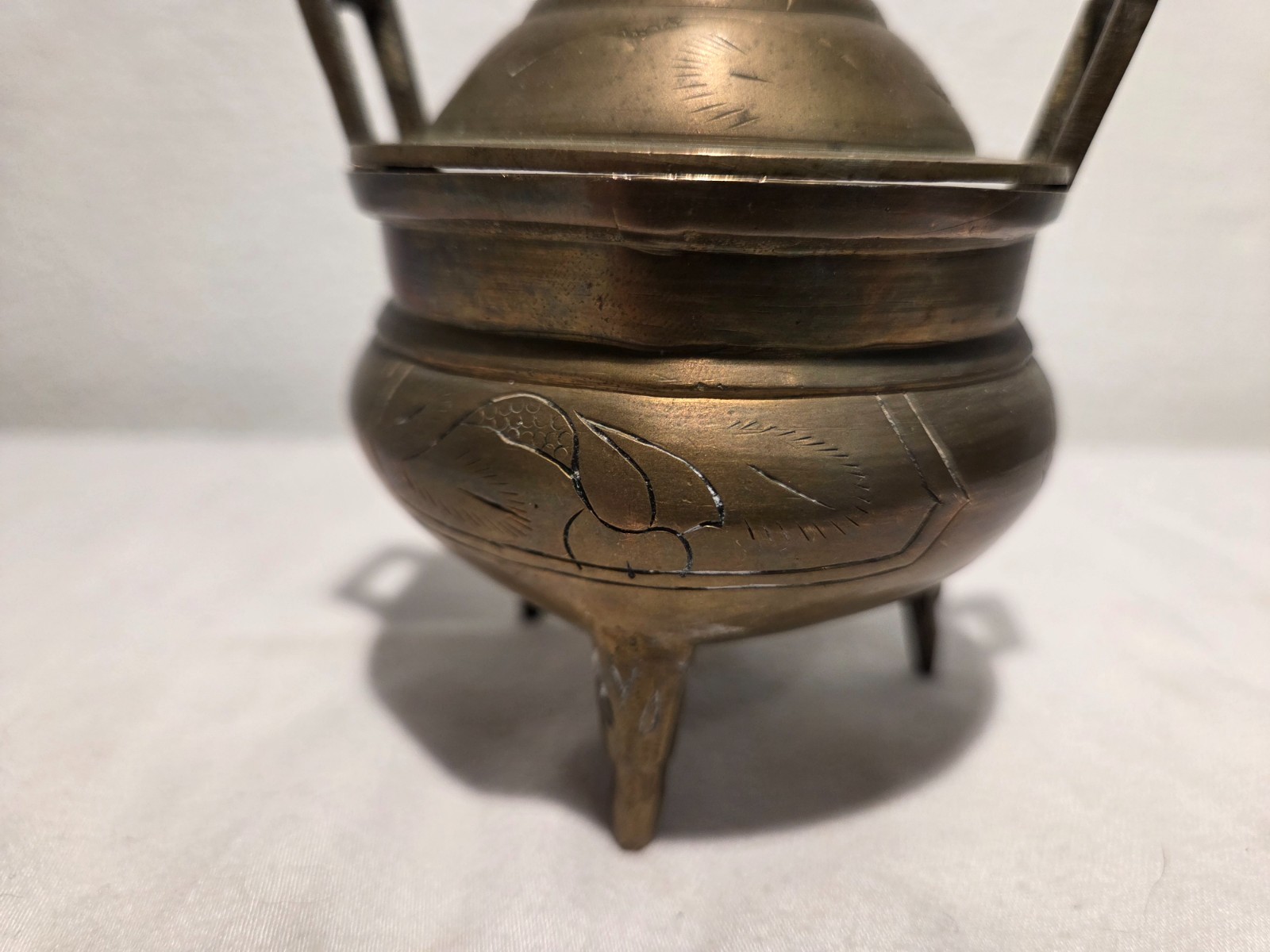 Vintage Marked & etched Chinese Brass Tri-Footed Incense Burner Holder