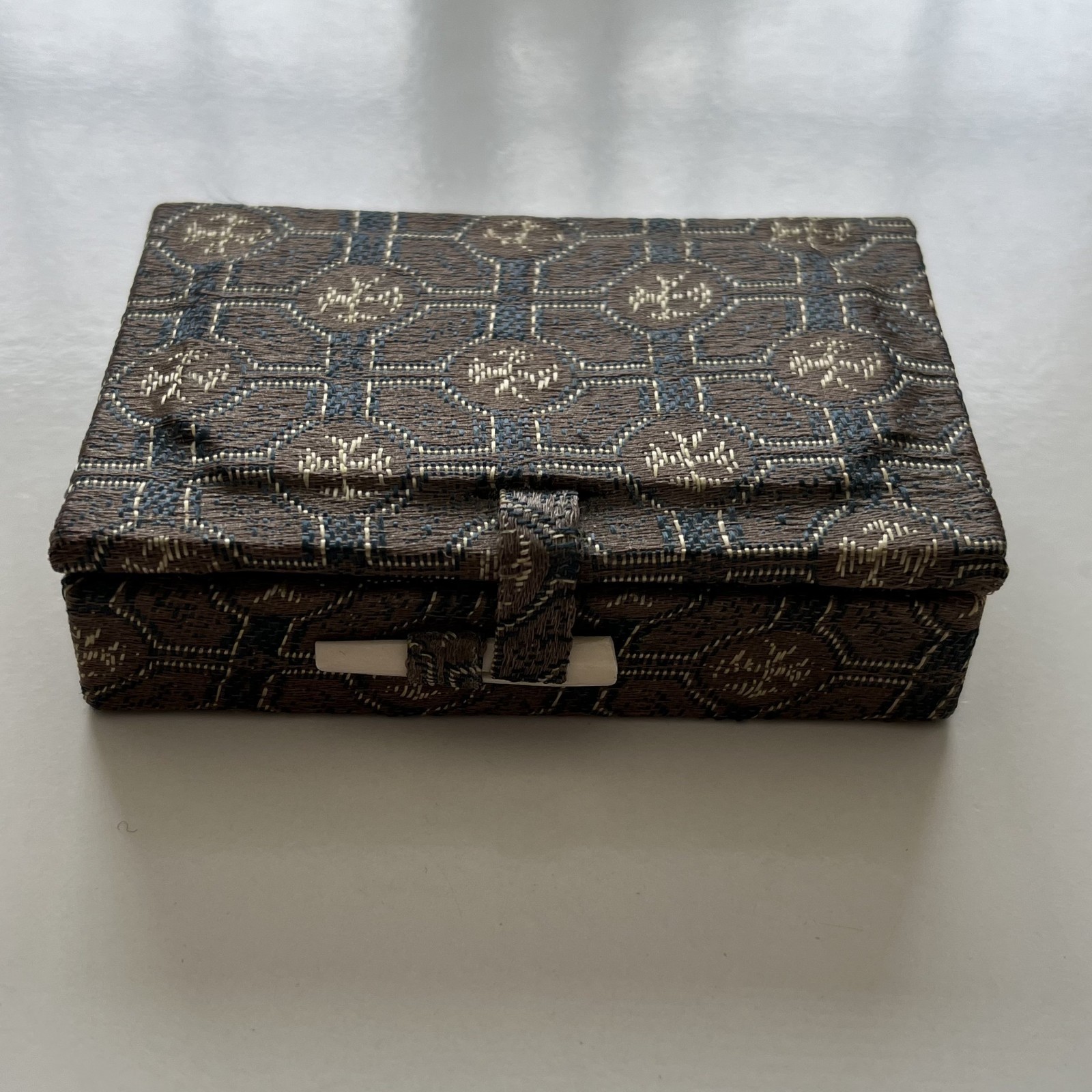 Vintage Miniature Brass Chinese Suanpan 9 Rod Abacus With Silk Brocade Box.