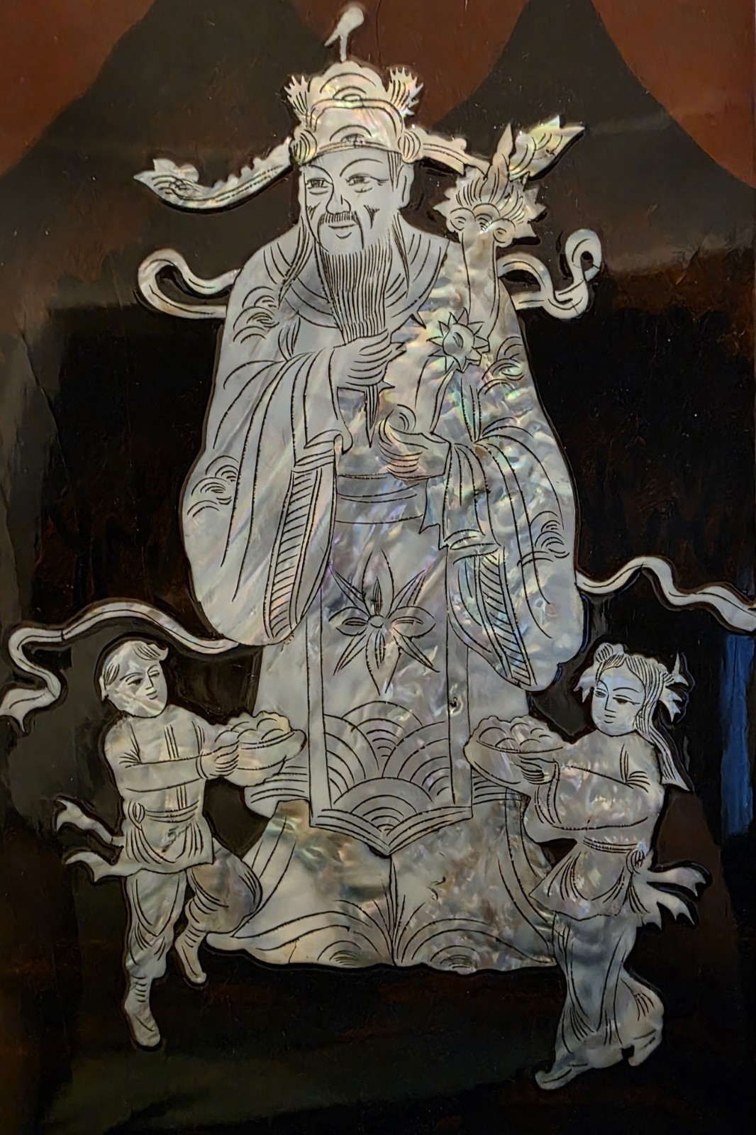 Chinese 4-Panel Black/Brown Lacquer Screen, Mother-of-Pearl Inlay Figures