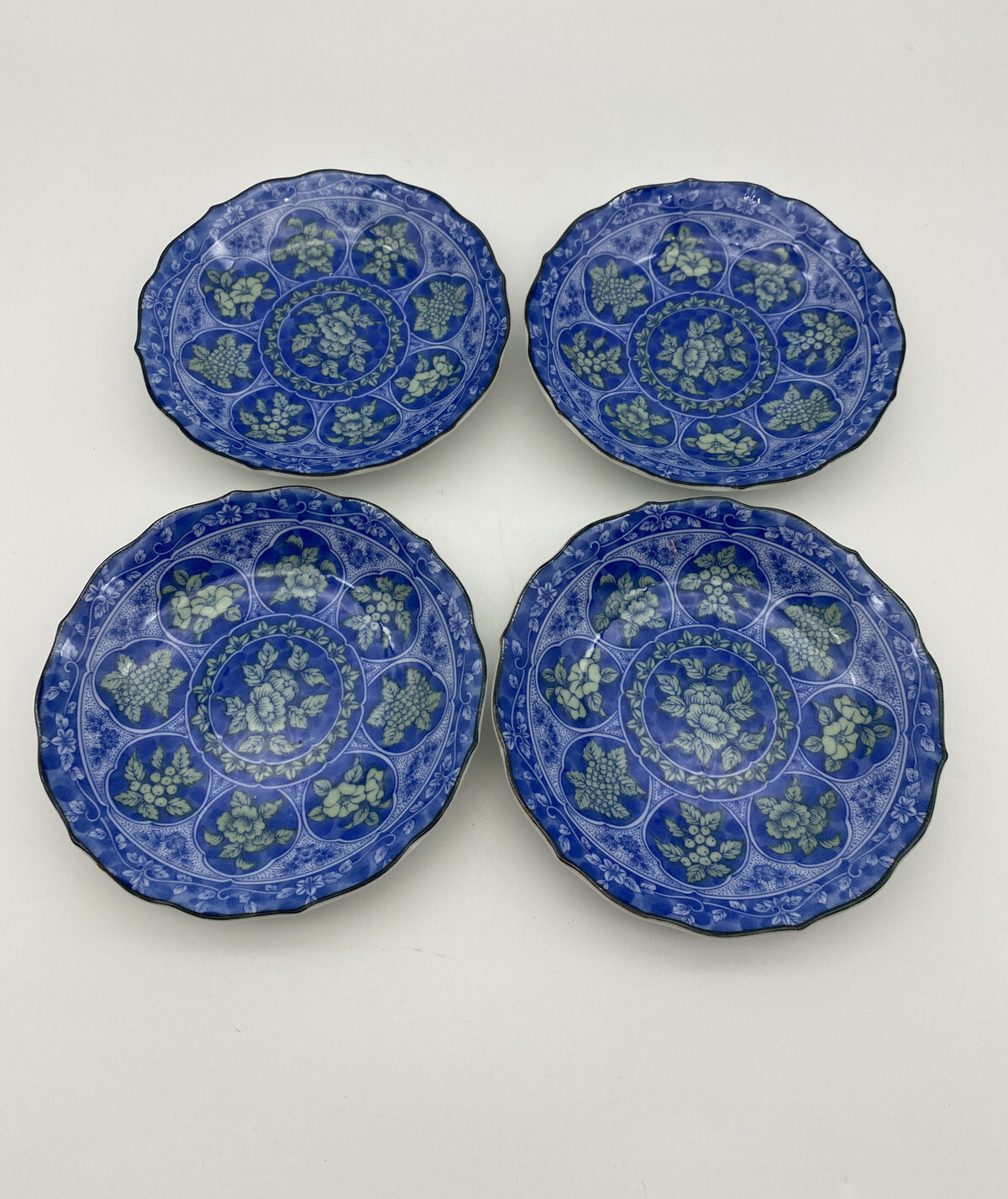 Lot 4 Chinese Beautiful Blue And Green Miniature Plates 4.5”