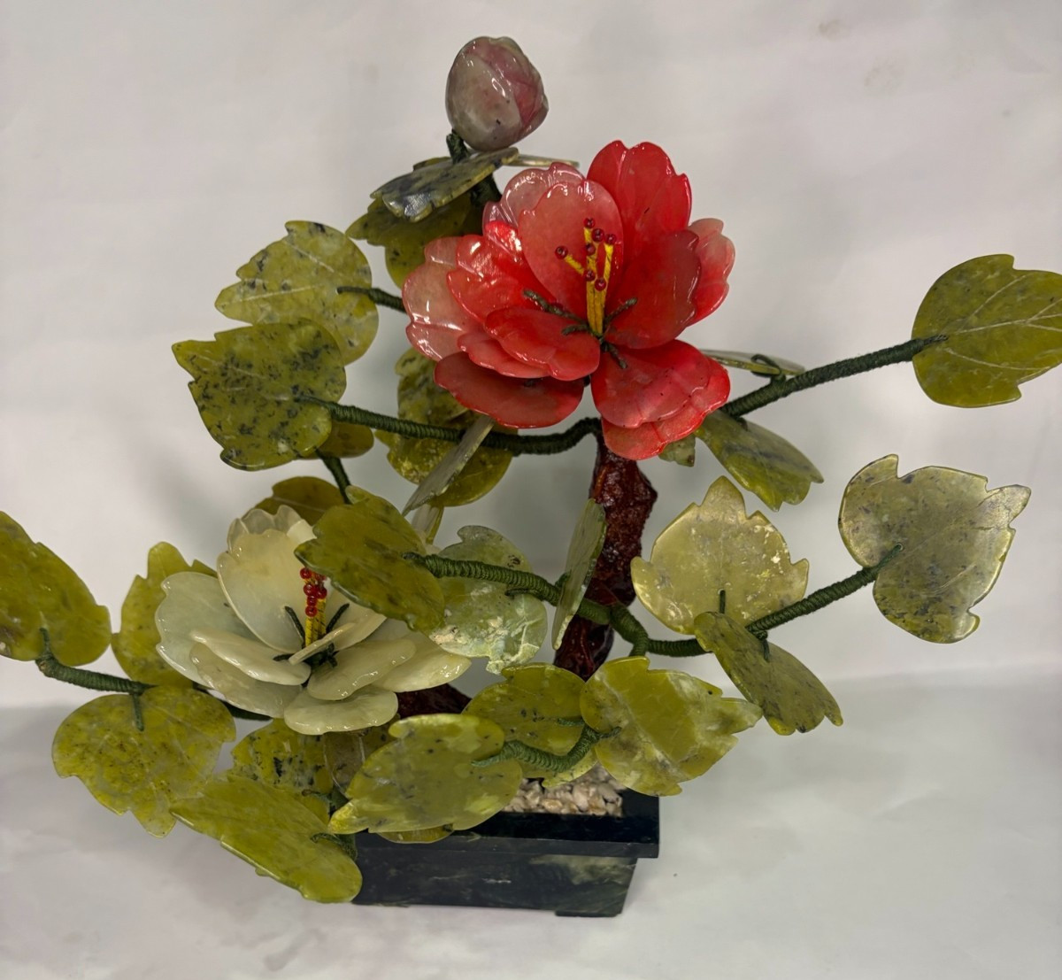 Vintage Jade Tree Bonsai Tree Carved Agate Flowers in vase, 9″
