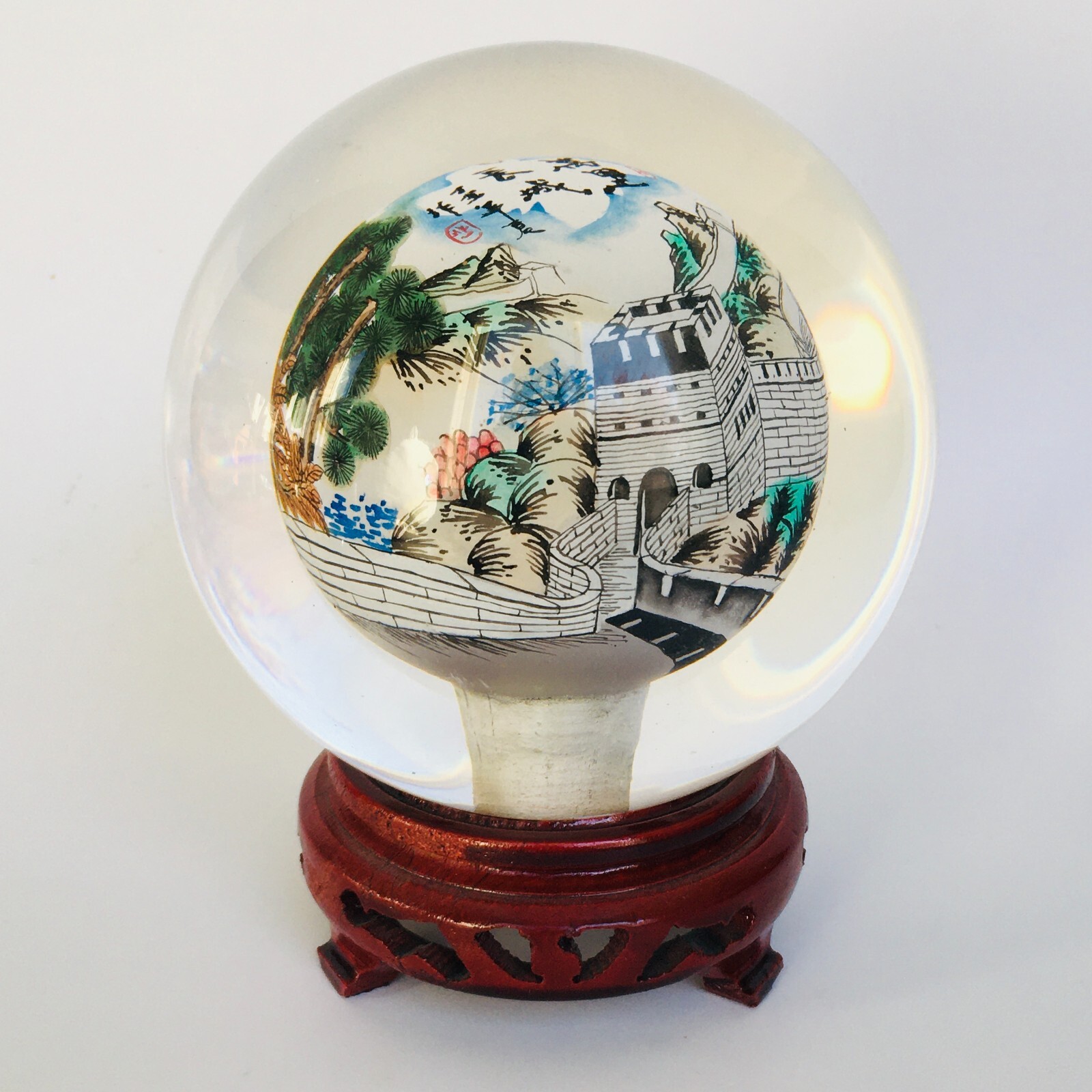 Reverse Painted Great Wall Vintage Glass Crystal Ball Sphere Signed 4.5″