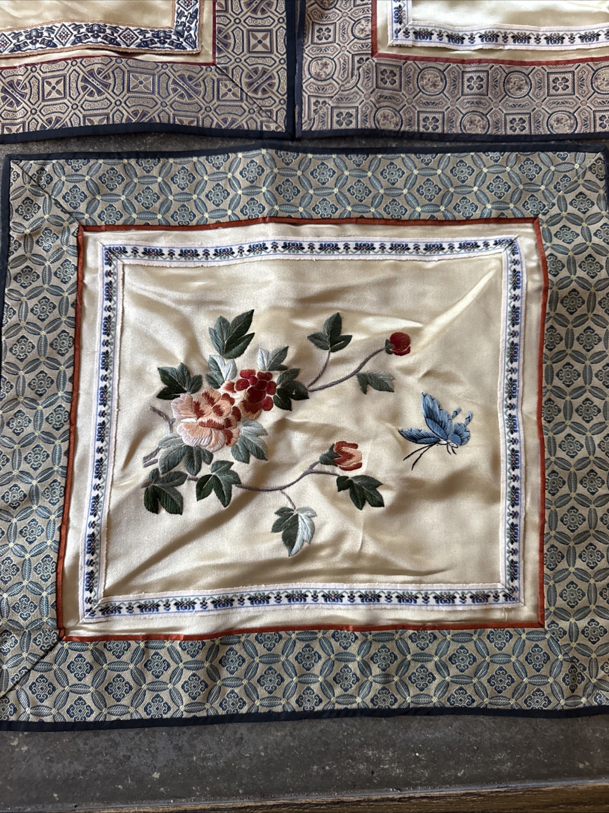 3 Lot Vintage Chinese Silk Embroidery Tapestry Butterfly Flowers Peony Panels