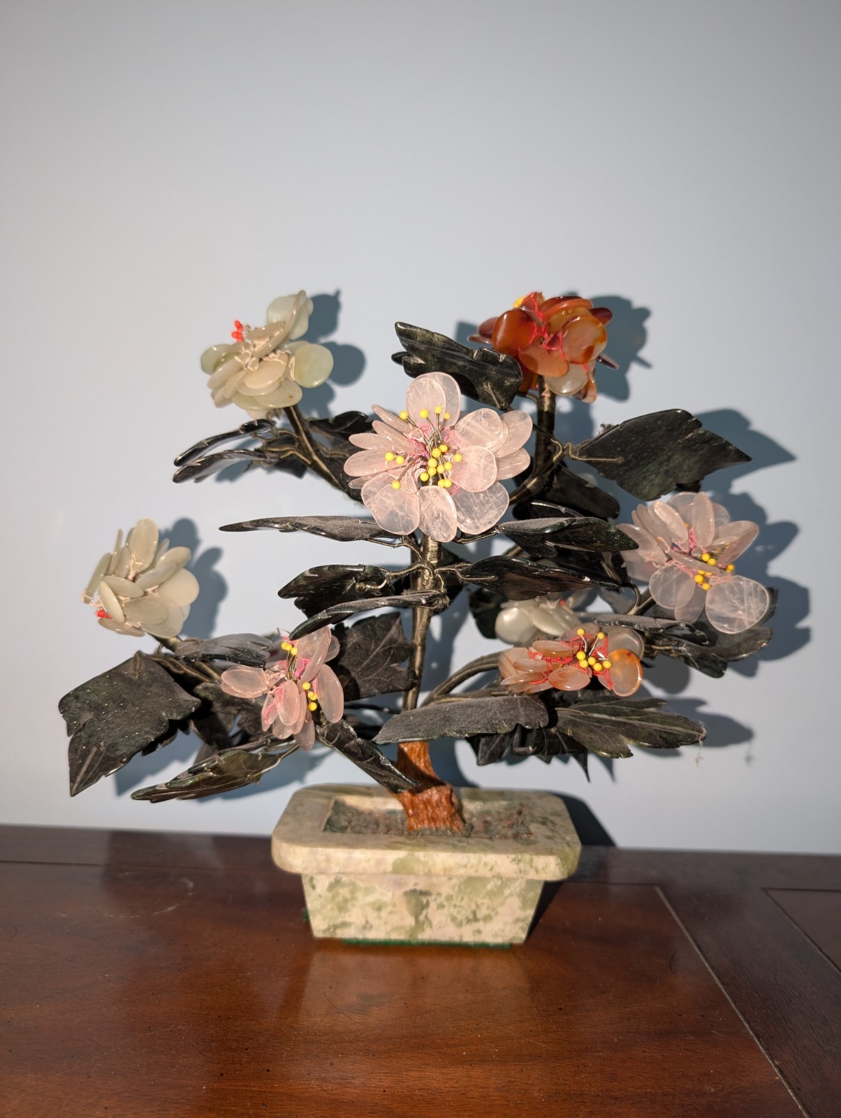 Vtg Chinese Carved Gemstone Flowers / Tree Jade Quartz 11″