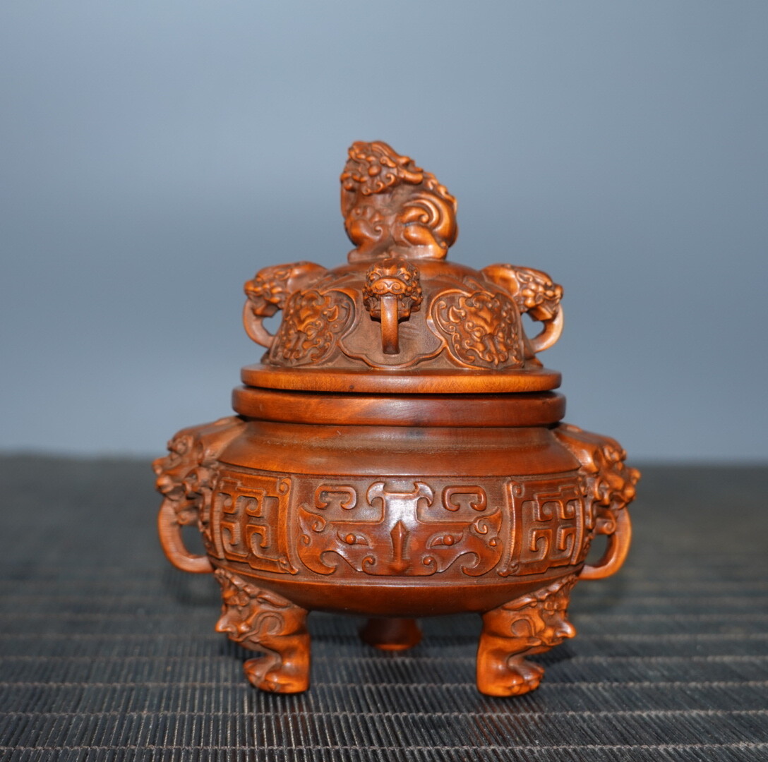 4″ Collect China Box-wood Carving Animal Foo Fu Dog Guardion Lion Incense Burner