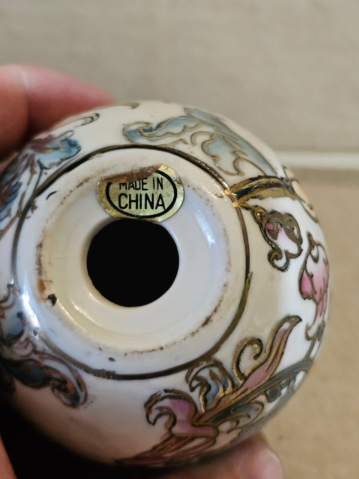 Vintage 4.5×3 Inch Chinese Porcelain Egg Textured Hand Painted With Gold Trim