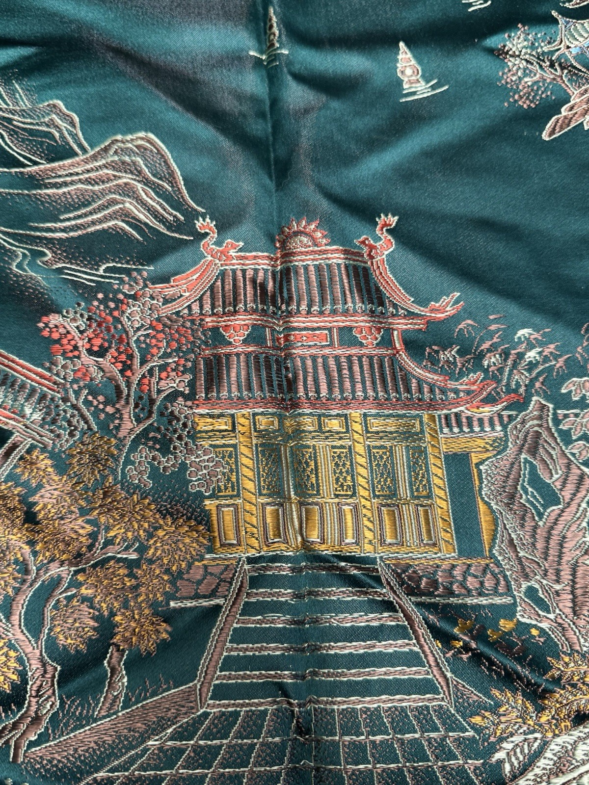 VTG Hangzhou Chinese Silk Brocade Piano Scarf Dragon Phoenix Tablecloth 48”