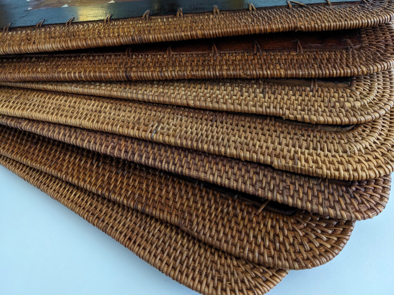 Vintage Mid Century Rattan Wood Placemats Shell Inlay Chinese Coin Boho Set of 8