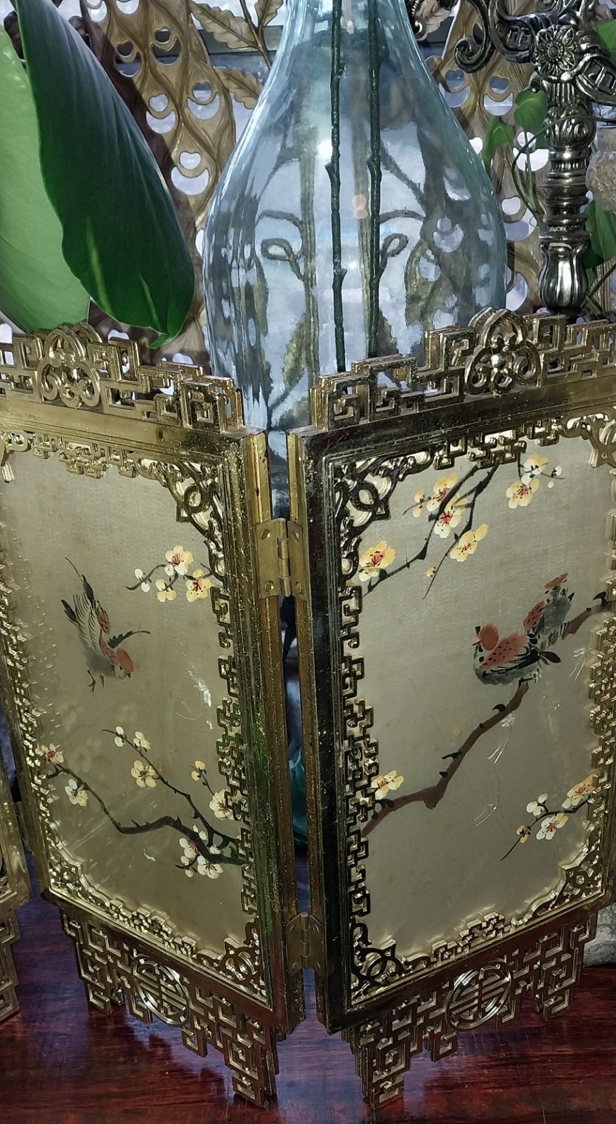 Vintage Chinese Folding Table Top Screen Handpainted 4 Panel fabric