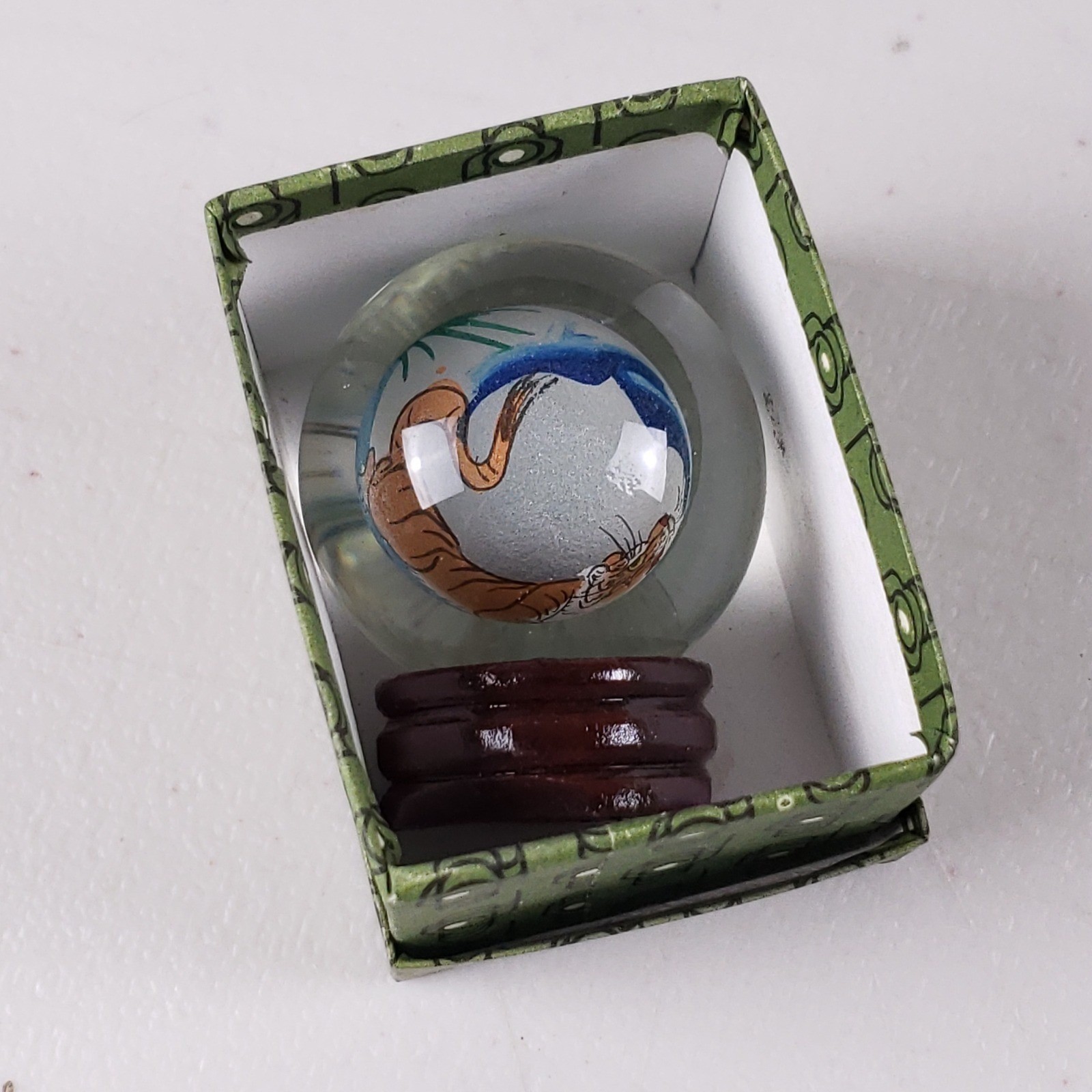 Vintage Chinese Hand Painted Tiger Glass Orb Sphere with Wood Stand and Box