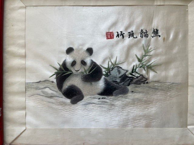 Vintage Chinese Art Silk Hand Embroidered PANDA Framed Signed