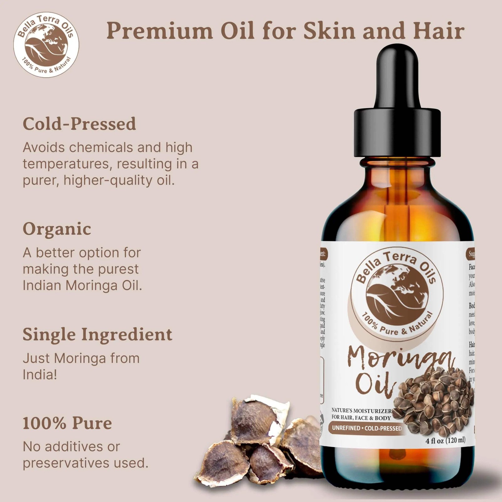 Organic Moringa Oil – 4oz | Cold-Pressed Oil for Skincare, Haircare & DIY Projec