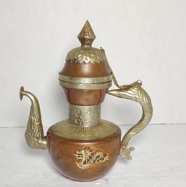 ANTIQUE / VINTAGE COPPER AND BRASS TIBETAN TEAPOT WITH DRAGON