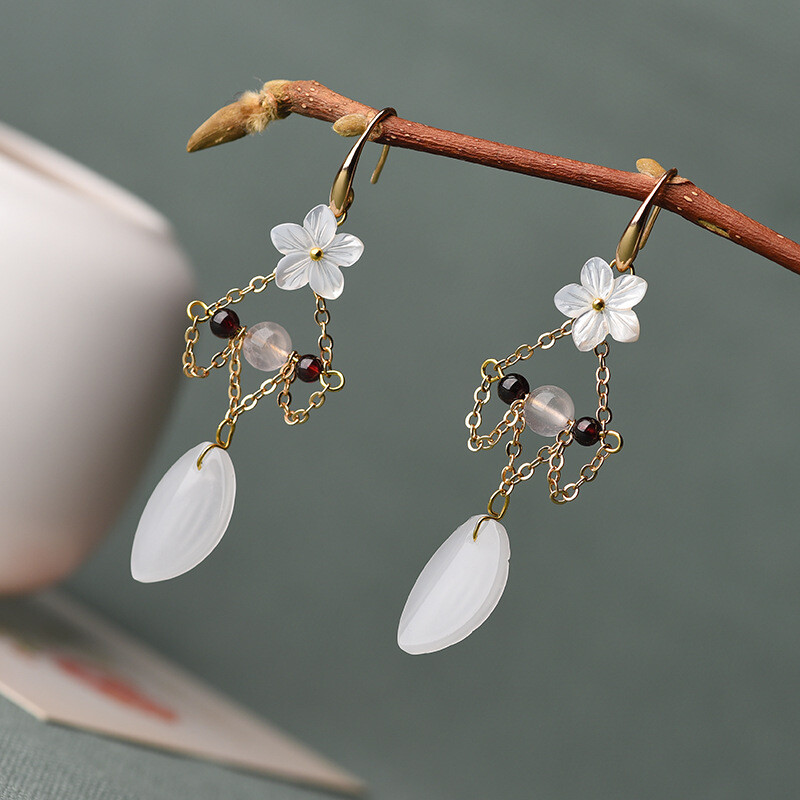 Chinese Powder Crystal/Coloured Glaze/Conch Flower Tibetan Style Earbob Earrings