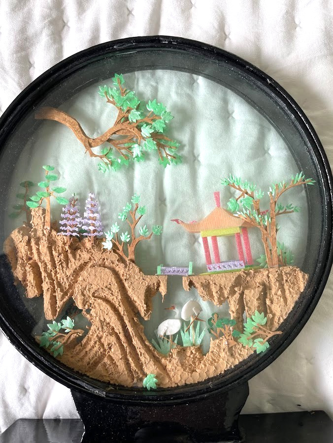Vintage Carved Cork Chinese Art Diorama round glass framed birds tree pagoda 10″