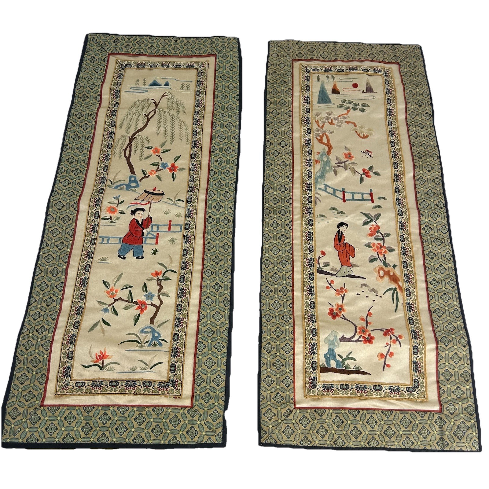 Vintage Asian Silk Panels Embroidery Needlepoint Wall Hanging Set Lot Pair 2