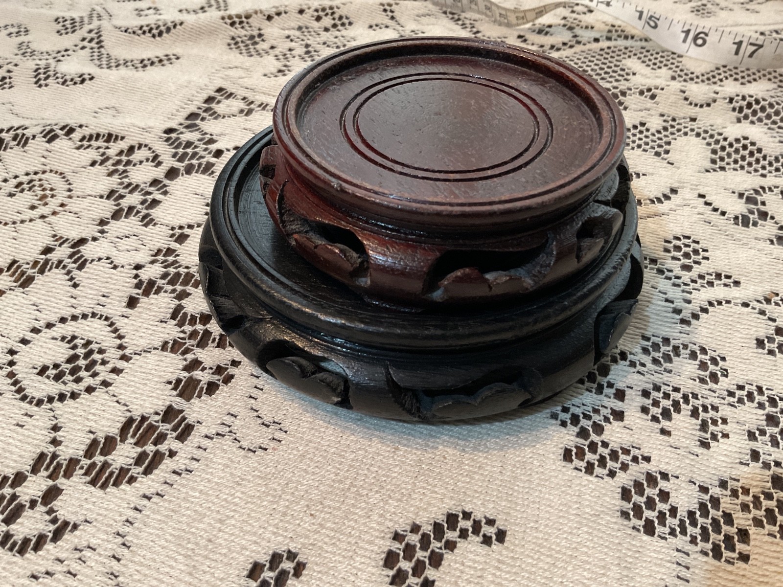 Vintage Chinese Carved Wood Display Stands Black and Brown 4.5 and 3.25”