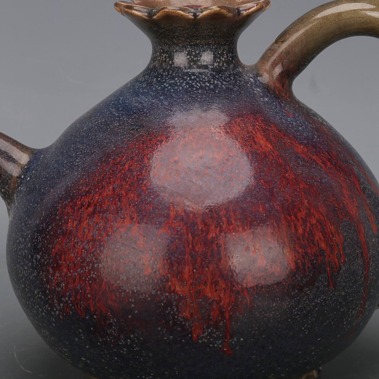 9″ Chinese Jun Kiln Porcelain Green Glaze Rose-bengal Fambe Zhi Kettle