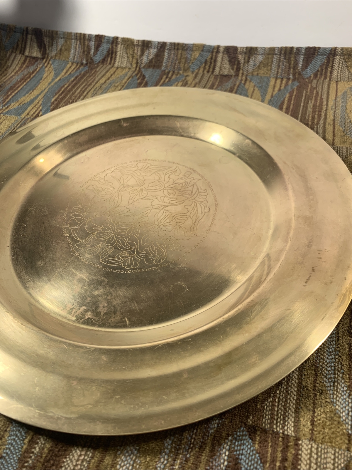 Vintage Chinese Brass Tray~Platter Etched Florals Medallion~10”~Boho