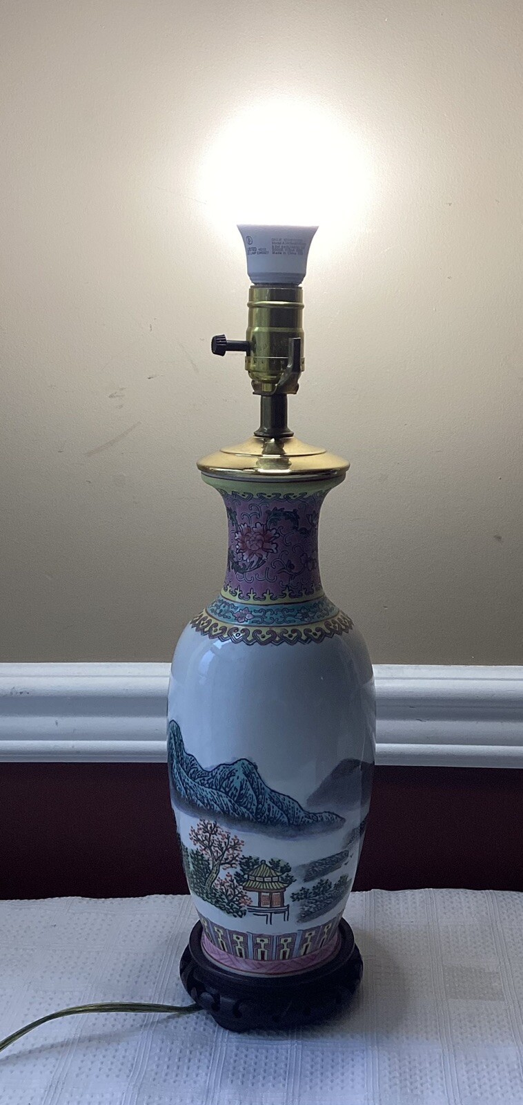 Vintage Chinese Famille Rose Porcelain Landscape Vase Lamp Inscribed 17.25″