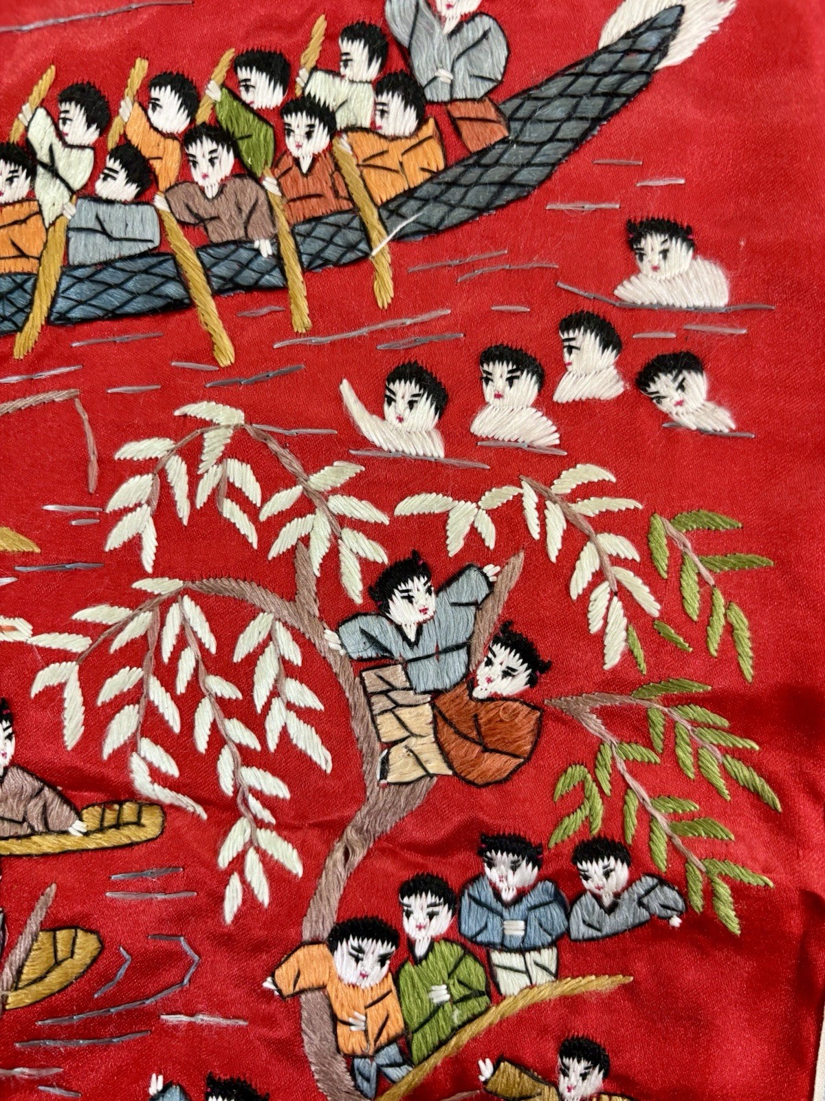 VTG Chinese Embroidered Red Silk Tapestry Children Dragon Boat Fishing Hanging