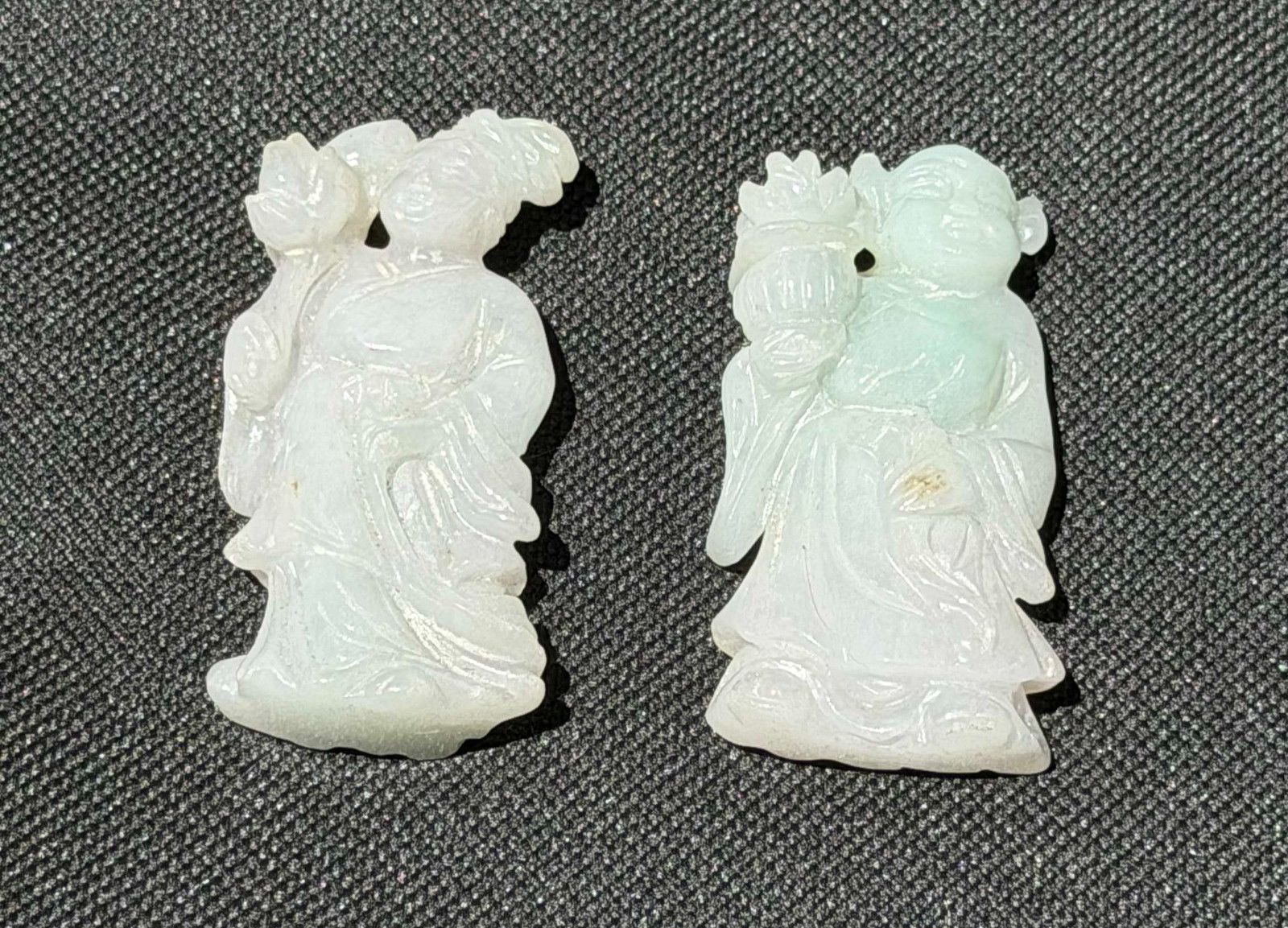 Vtg Chinese Jadeite Scholar Figures Carved Pendant Pair (AHB)
