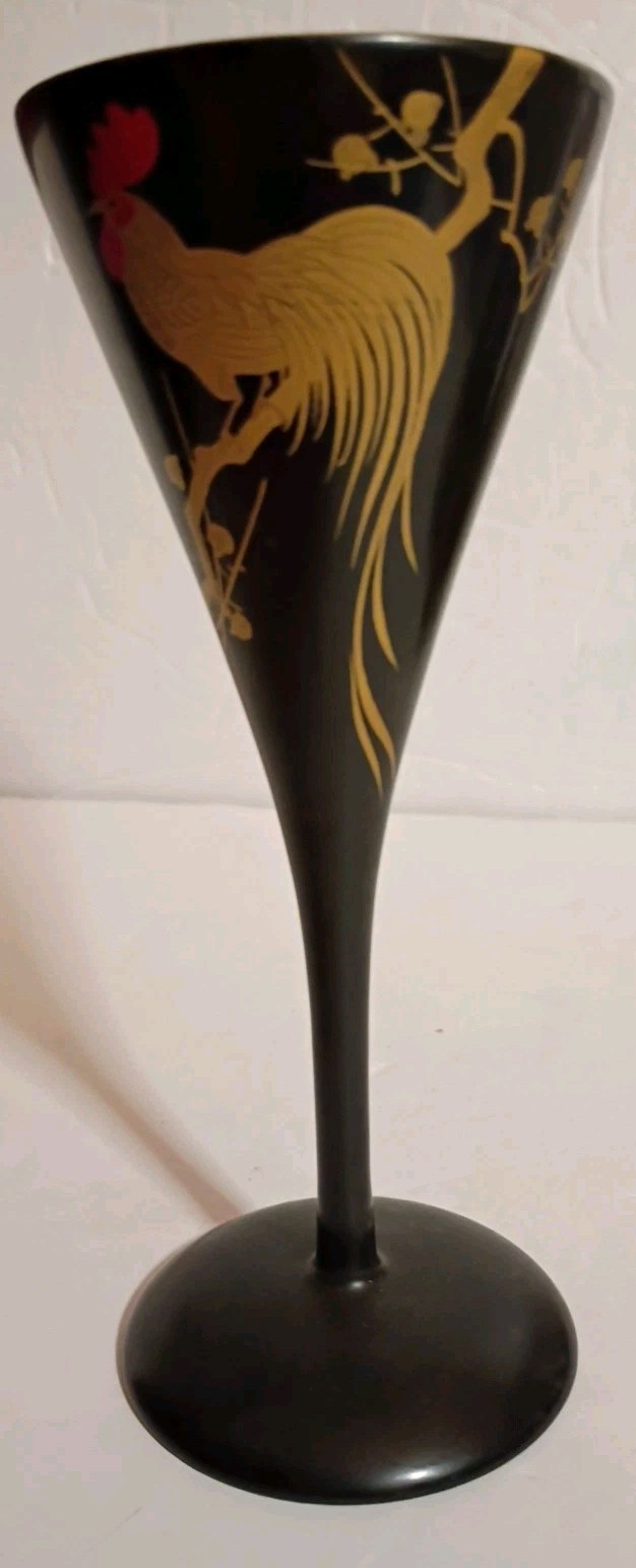 Beautiful Fighting Gold Rooster Chicken Black Lacquer Wood Shaker & 5 Cups China