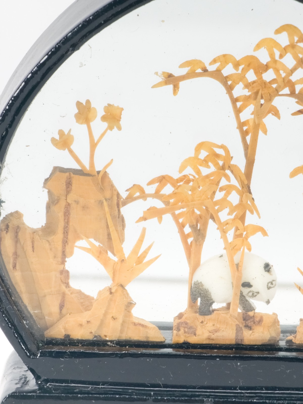 4 Vintage Chinese Cork Carving Dioramas Glass Case Pandas Birds Pagoda Art