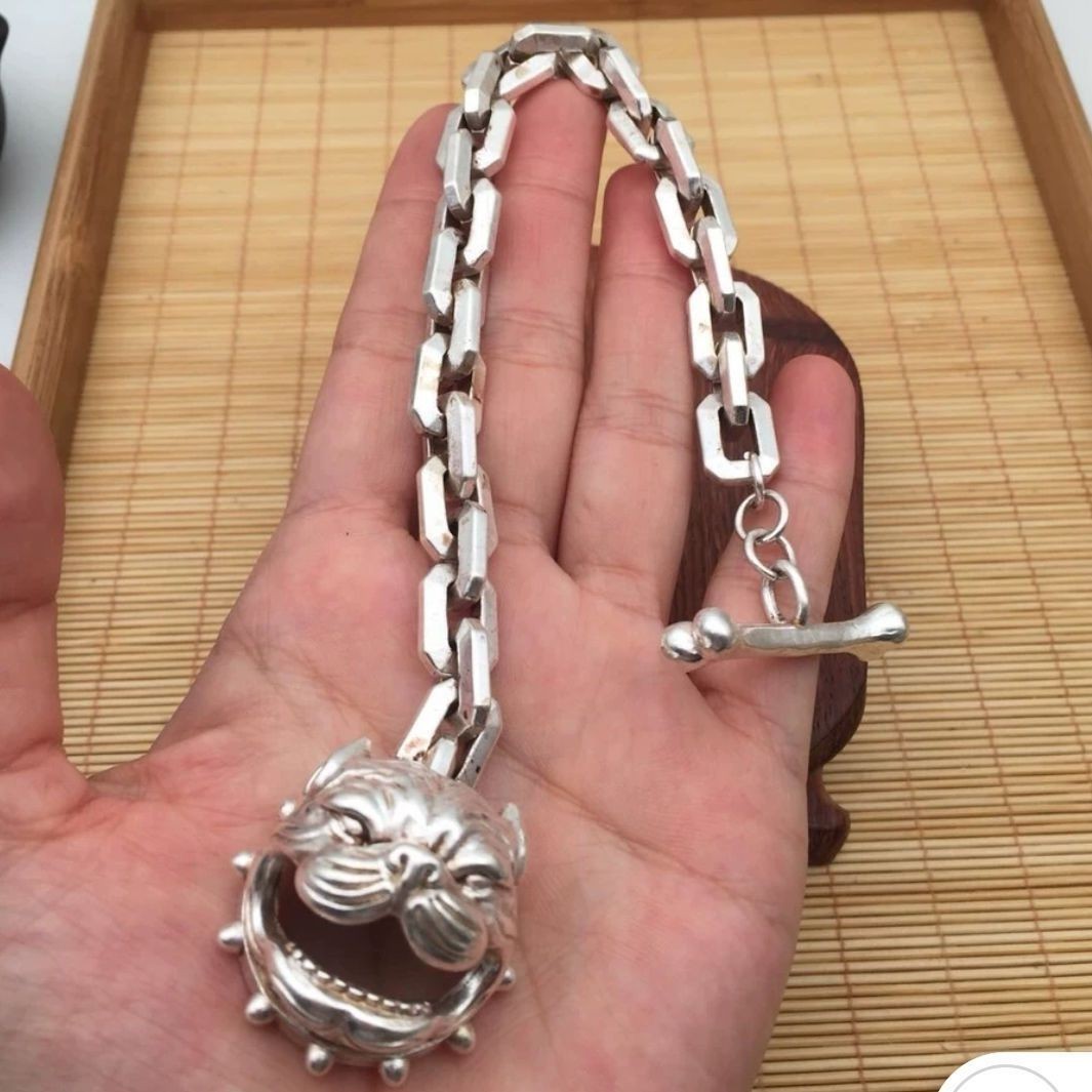 Silver Plated Alloy Men Bracelet Dog Head Bite Bone Punk Style Fashion Jewelry