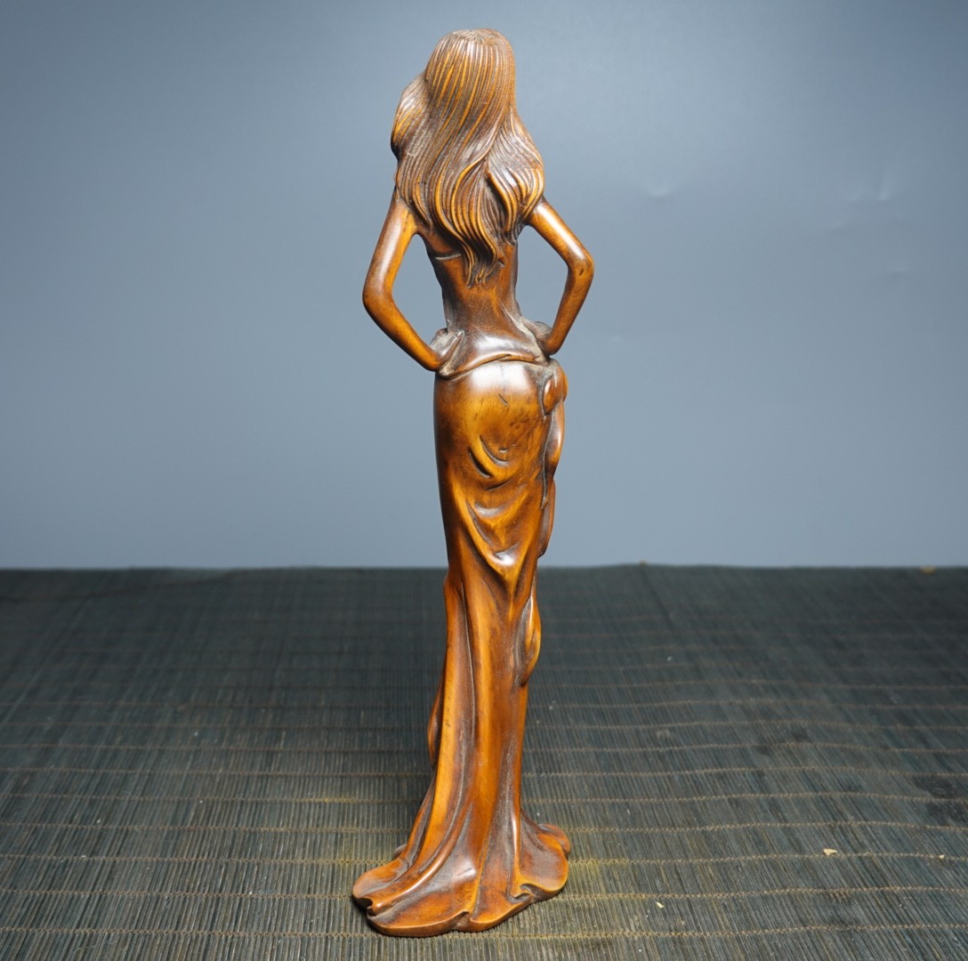 8.7″ Collect China Box-wood Carving Elegant Lady Beauty Modern Art Sculpture