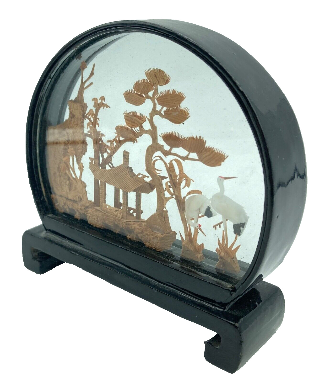 Carved Cork Diorama Vintage Hand Made Art Pagoda Cranes Trees 4″ Tall