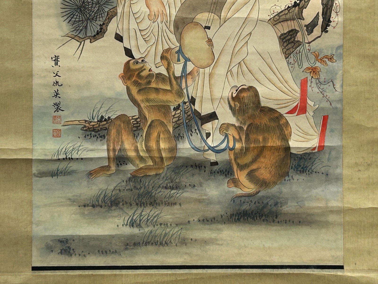 Oriental Scholar Monkeys Ink Brush Color Scroll Painting Wall Art ws4781