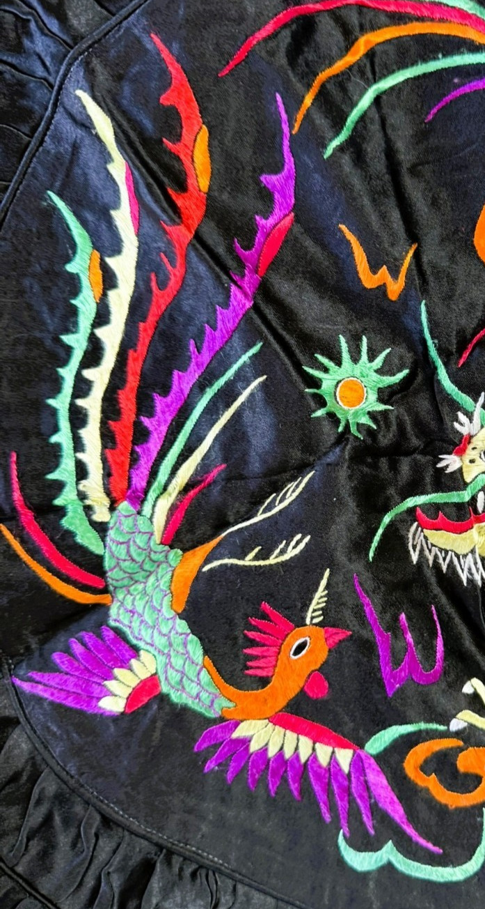 1980s Vintage Chinese Silk Pillow Black with Embroidered Phoenix and Dragon 21″