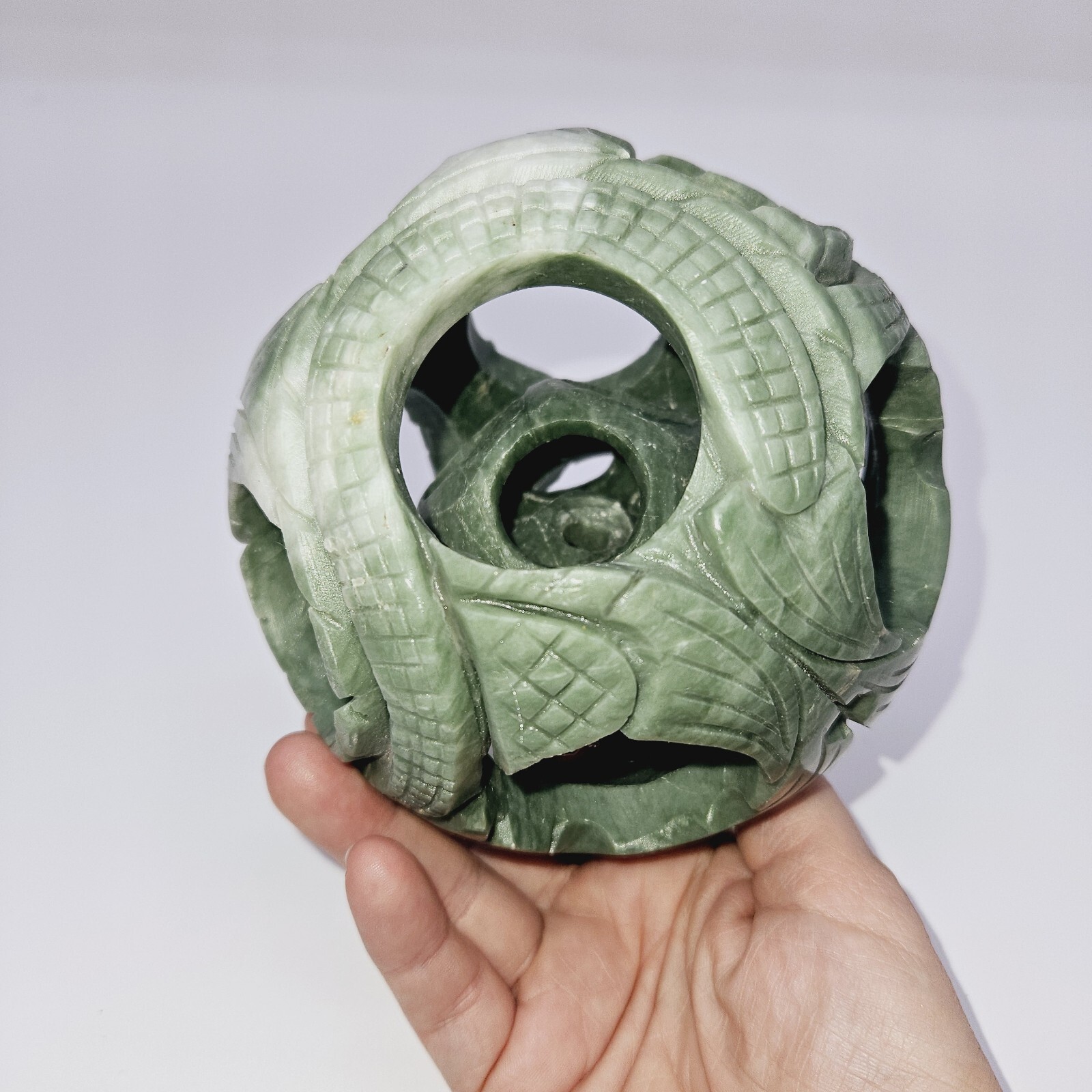Vtg Chinese 3-Layer Hand Carved Green Stone Serpentine? Ball Sphere 4.5″ Floral