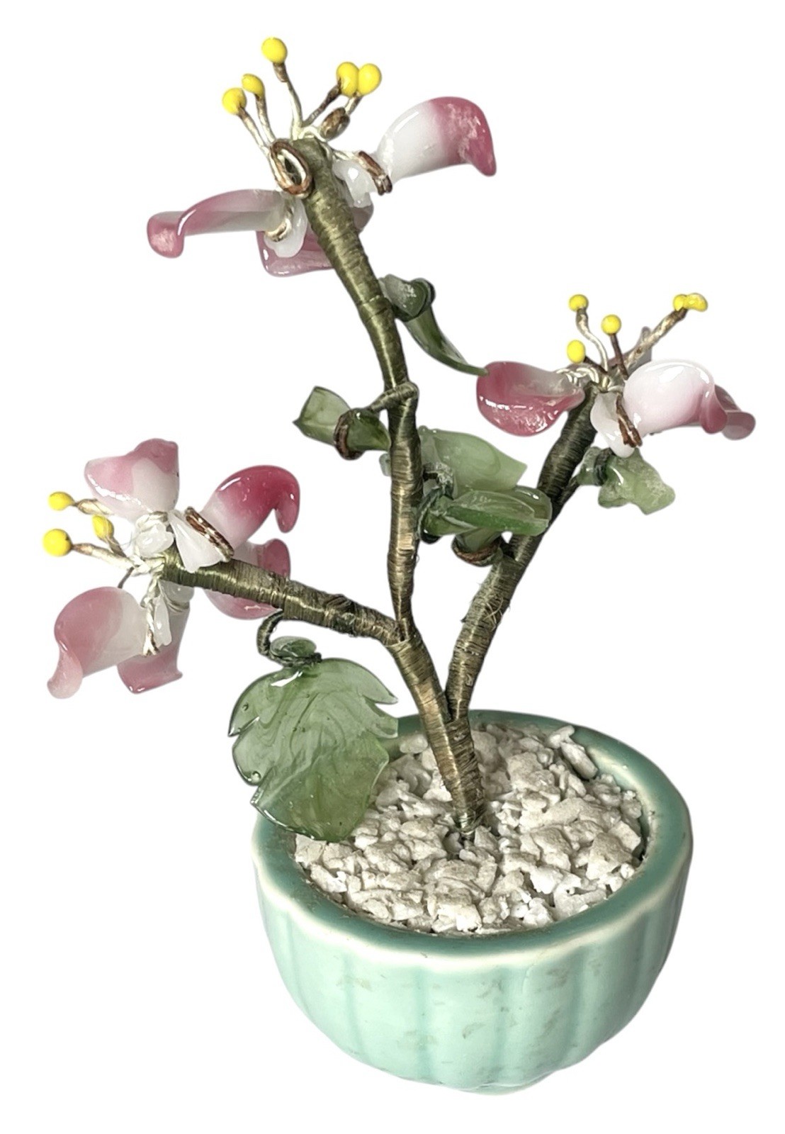 Lot of 3 Vintage Mini Jade Glass Flower Bonsai Tree Celadon Green Pot 3”