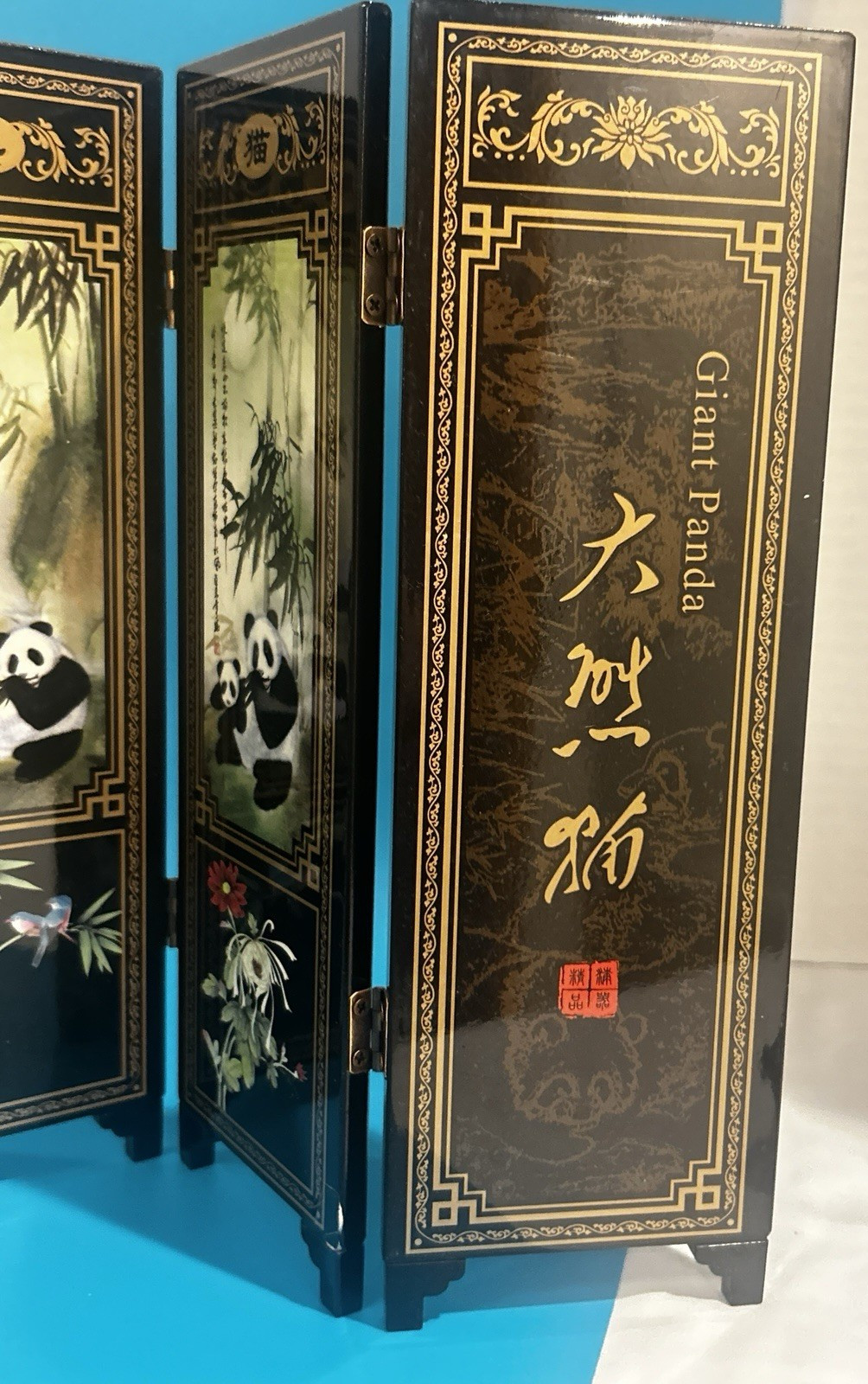 Panda Bear Asian Painted Wood Table Screen Divider 6 Panel 9.5″ *18.5″